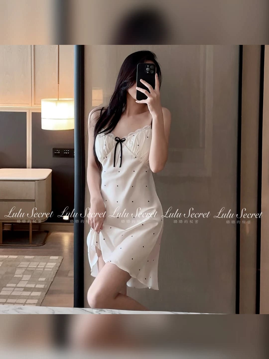 Satin silk dress - Off-white, polka dot