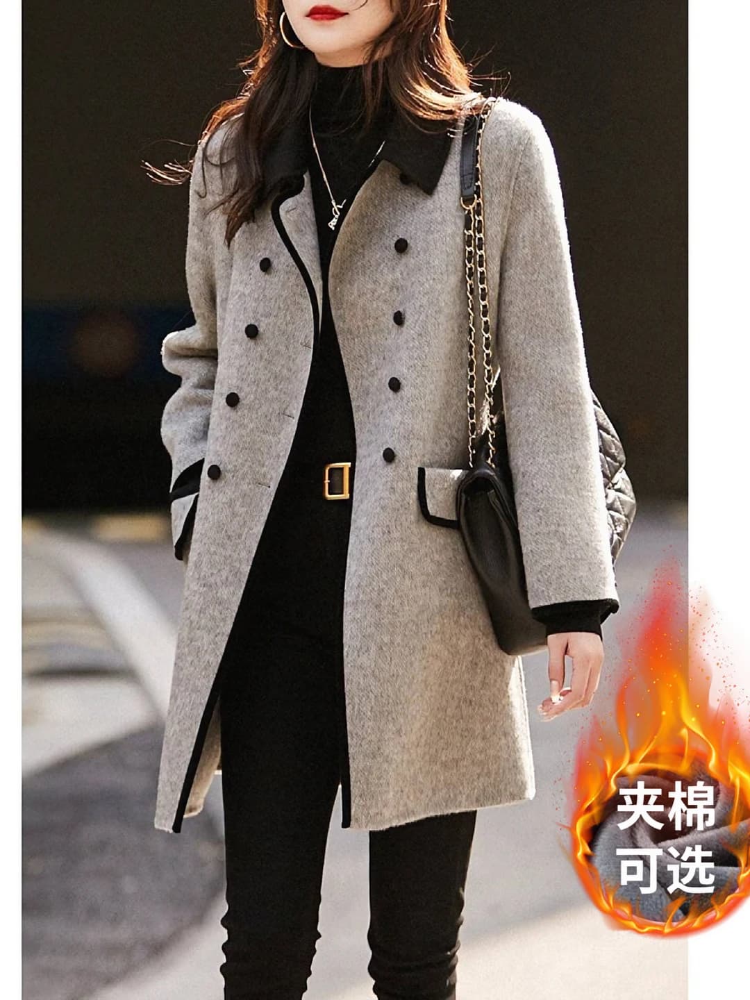 Women's autumn-winter 2026 coat with lapel collar, double-breasted, mid-length, loose fit, solid colour, medium thickness, casual style