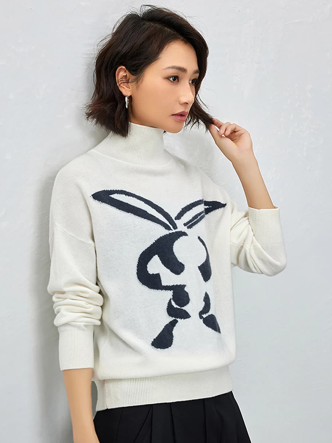 Women's high neck wool knit sweater, autumn-winter, loose fit, long sleeve, with bow