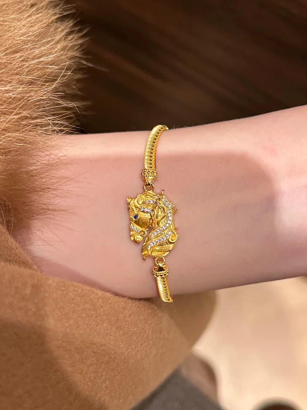 Women's retro style brass bracelet with rhinestones and brushed finish