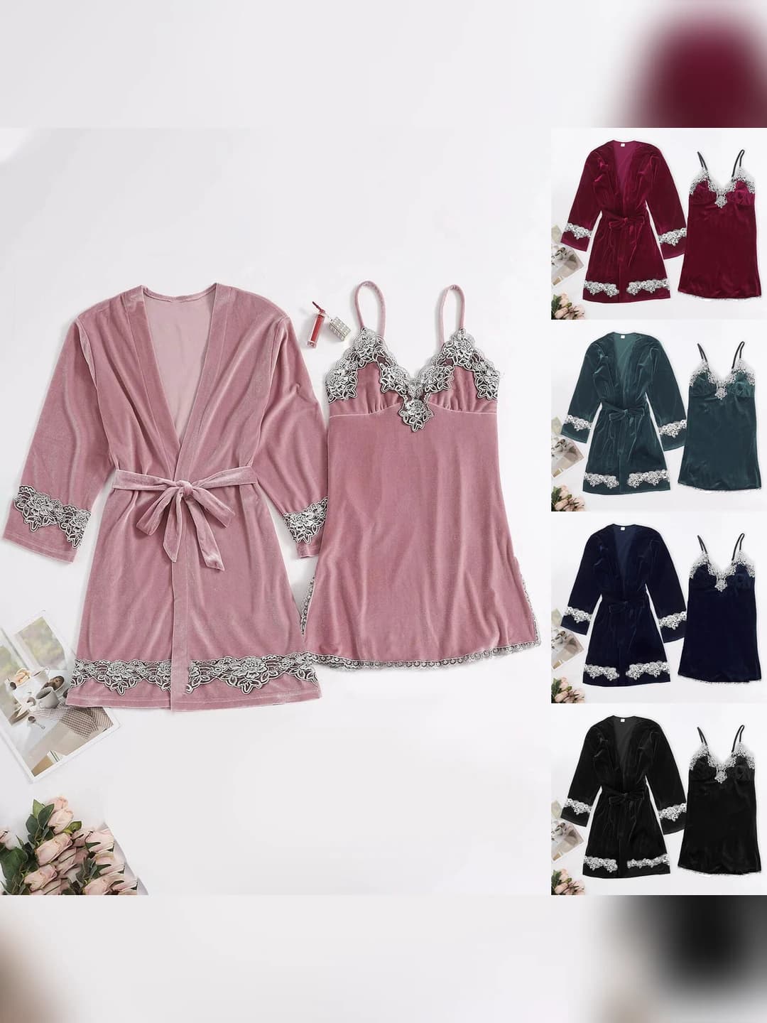Women's home wear set: autumn-winter 2-piece set with long sleeves, built-in bra, made of velvet and lace