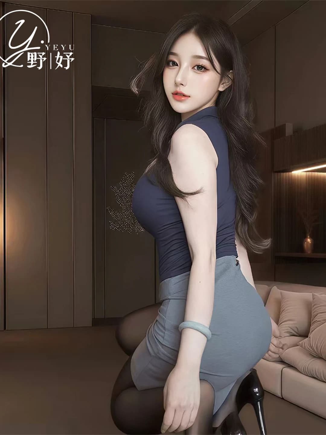 Women's erotic lingerie costume set (secretary uniform): summer, sleeveless, slim fit, cropped, high waist