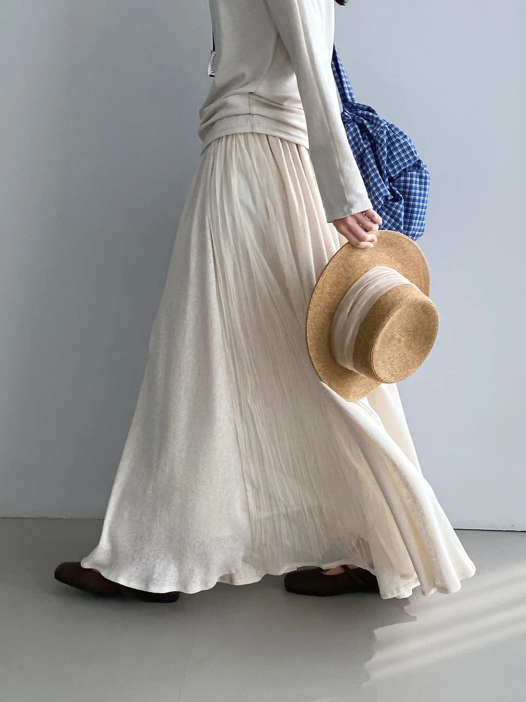 Women's pleated long skirt, solid colour, apricot tone, mesh and knit patchwork, A-line, mid-length