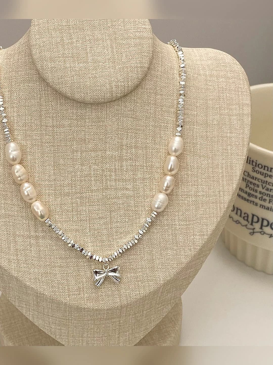 B-368 Fine silver Freshwater pearl Bow chain