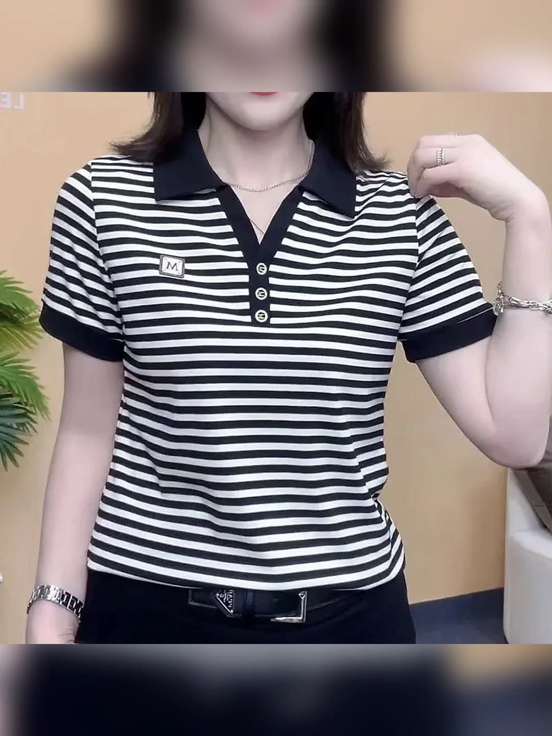 Women's polo shirt, ice-silk fabric, striped, short sleeve, slim fit, slimming, lapel collar, 2026 summer