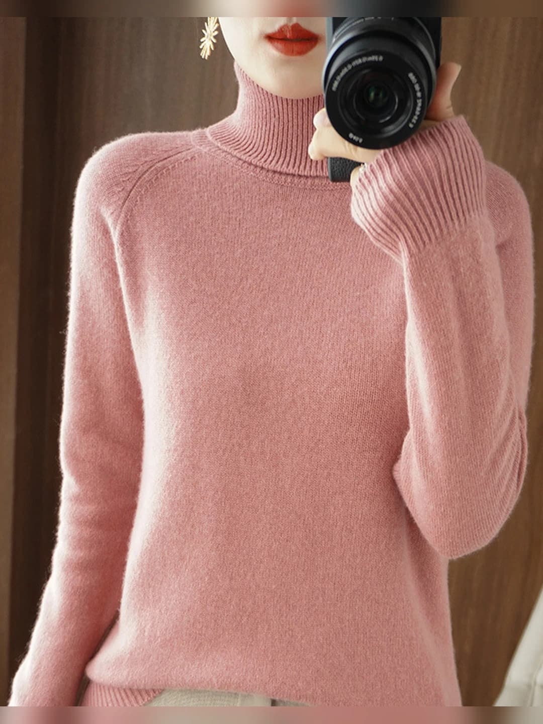 Women's thickened solid colour knit top with lapel collar, loose fit, long sleeve, autumn-winter