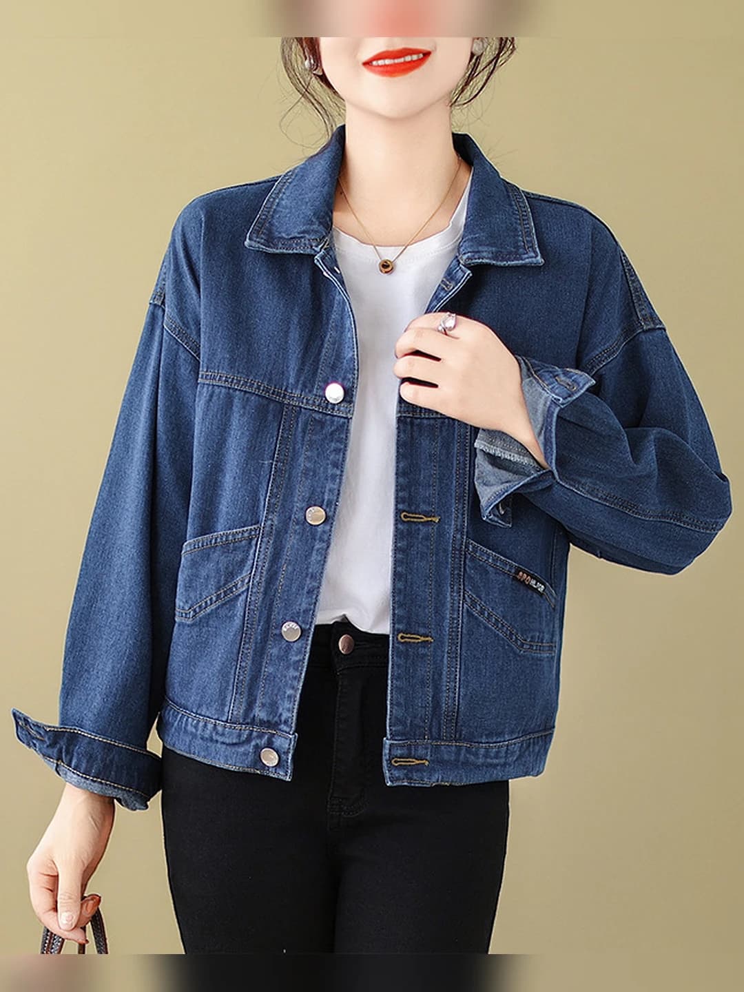 Women's denim jacket, spring-autumn, Korean style, loose fit, solid colour, lapel collar, long sleeve