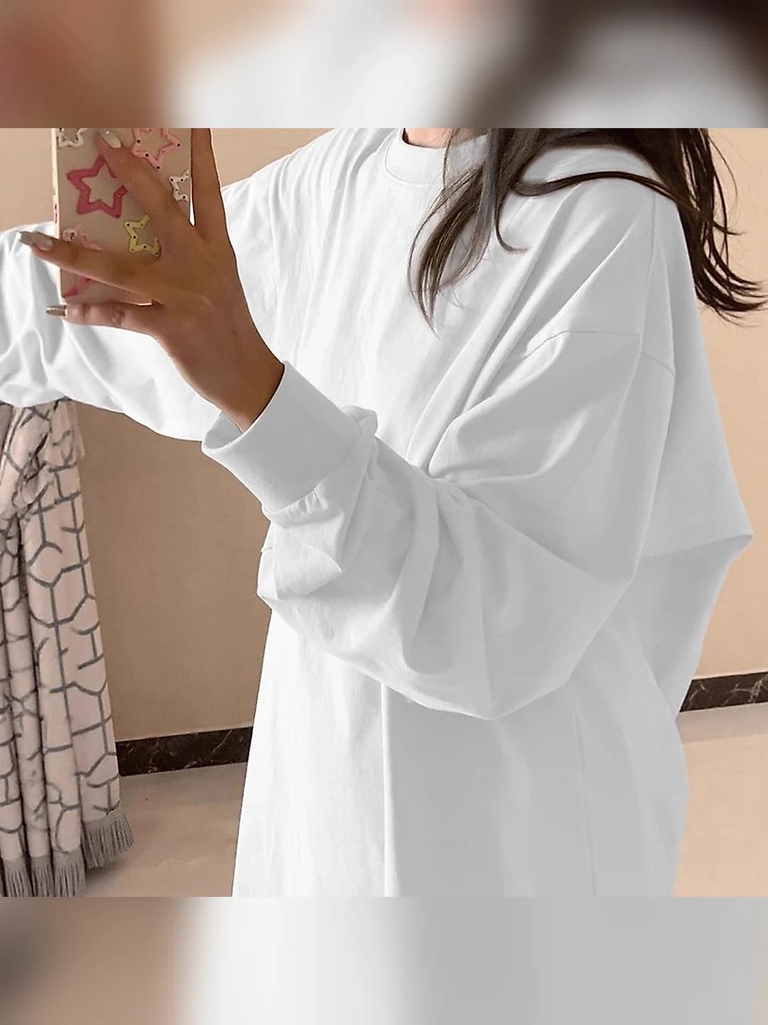 Women's 400g solid colour long-sleeve base top, 2026 autumn-winter, loose fit, crew neck, white