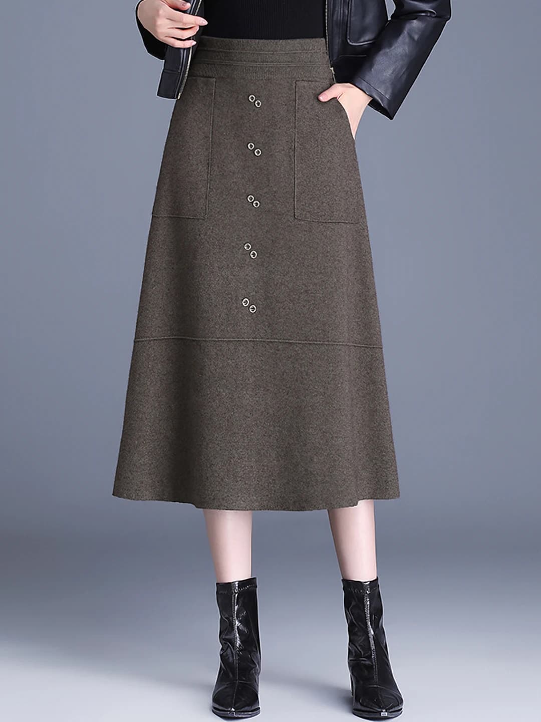 Women's A-line knit mid-length skirt, solid colour, thickened, slimming, warm, autumn-winter