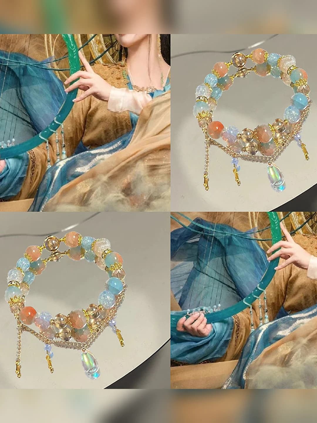 Women's bracelet with chain, tassels and rhinestones, geometric shape, made of alloy, electroplated, sweet style, Dunhuang style