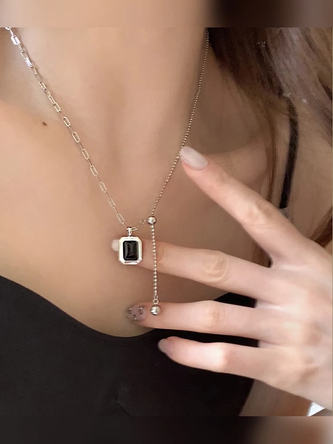 Women's obsidian AB chain necklace, light luxury, geometric design, combined chain