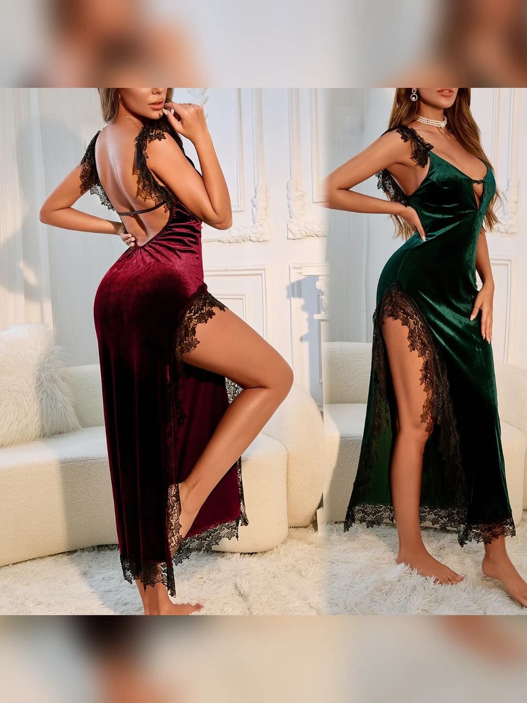 Women's burgundy retro style sleeveless slimming side slit nightgown