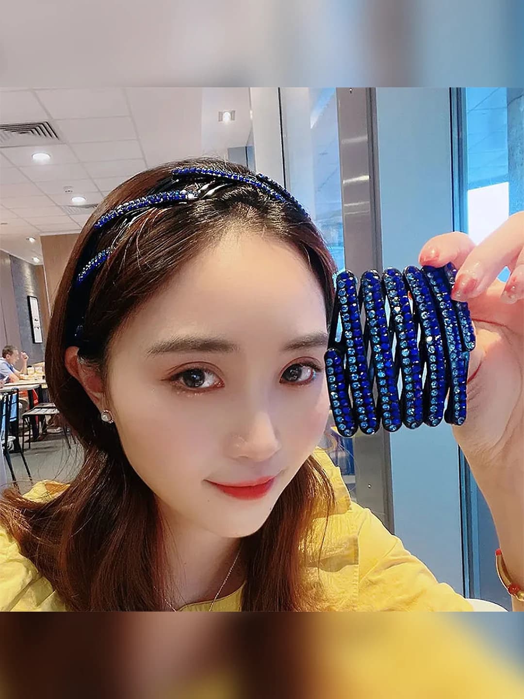 Women's rhinestone stretch headband, non-slip with teeth, foldable
