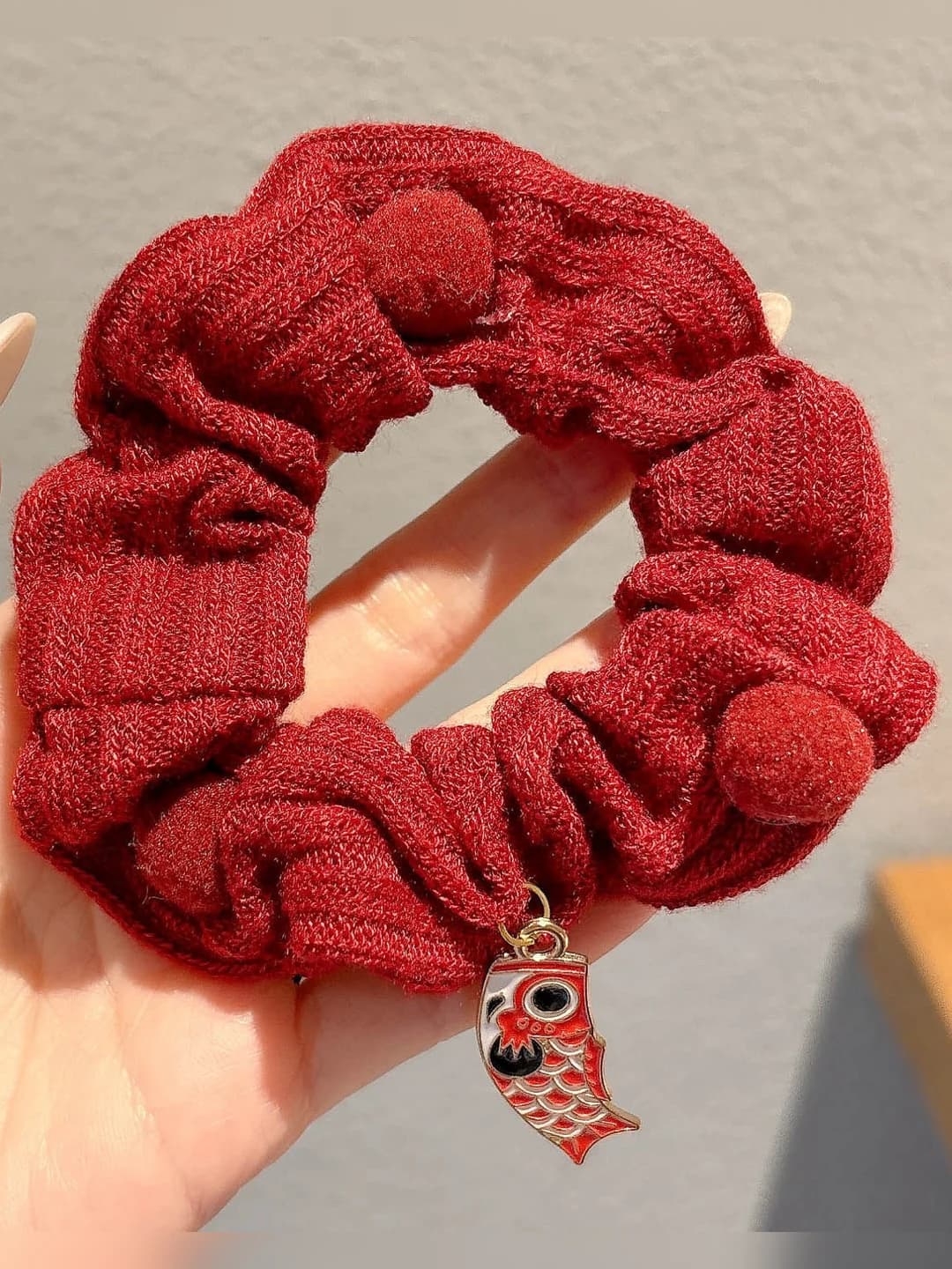 Wine red pompon koi hair tie - 11 cm