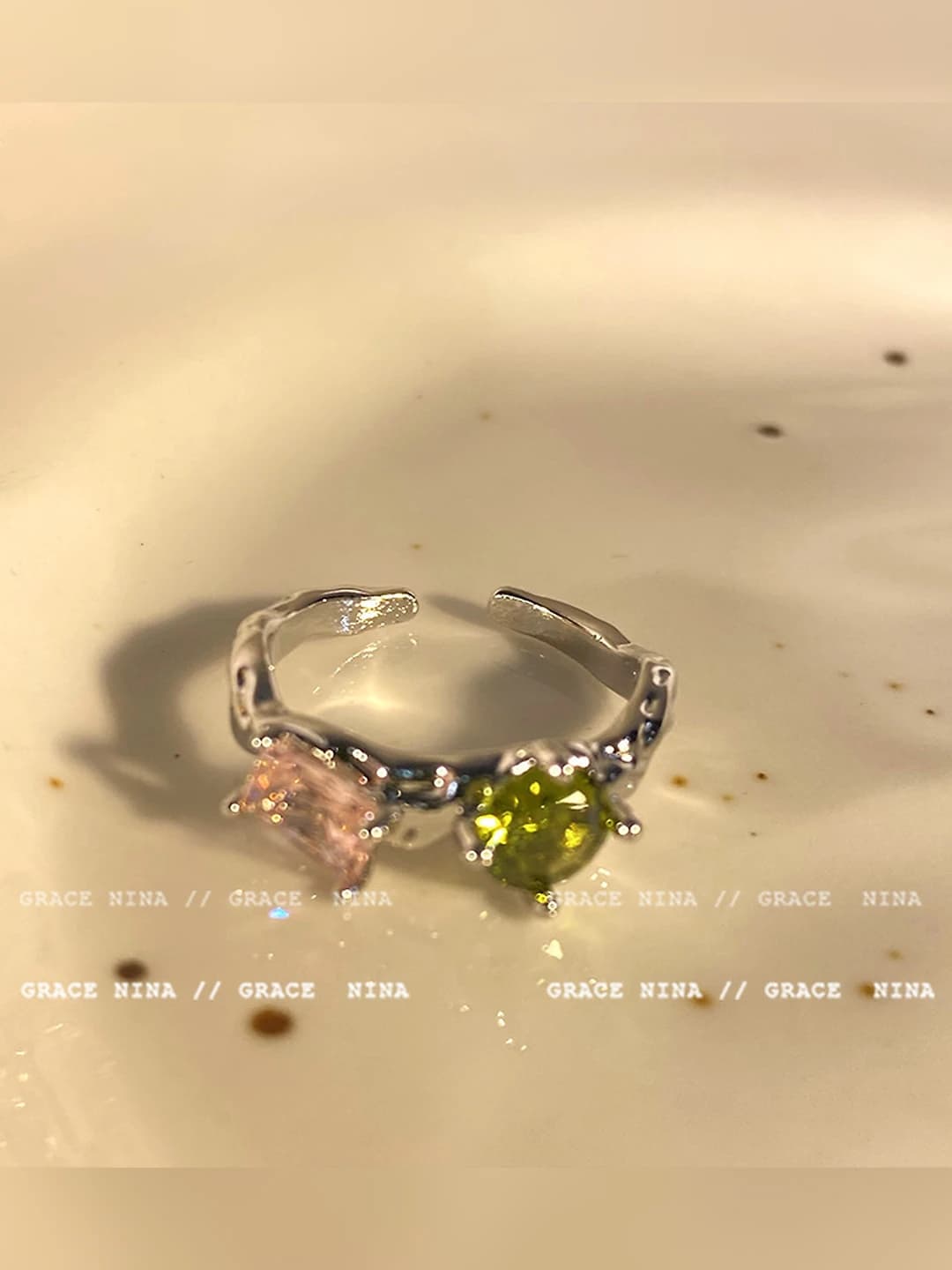 Pink-green zircon ring