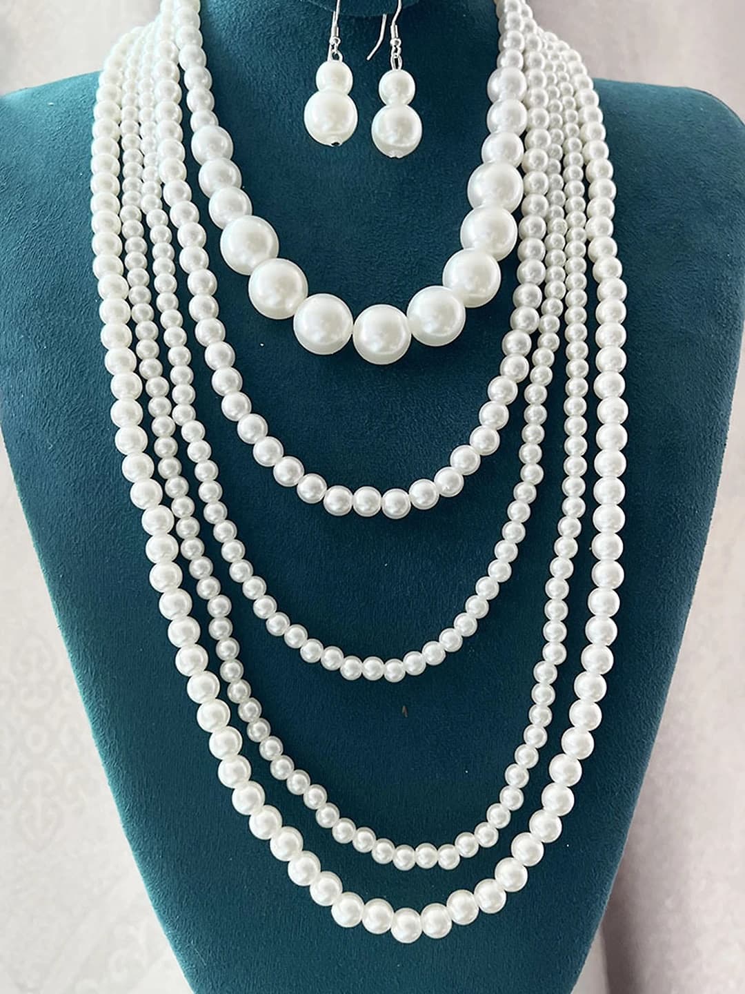 5-row pearl necklace & earring set