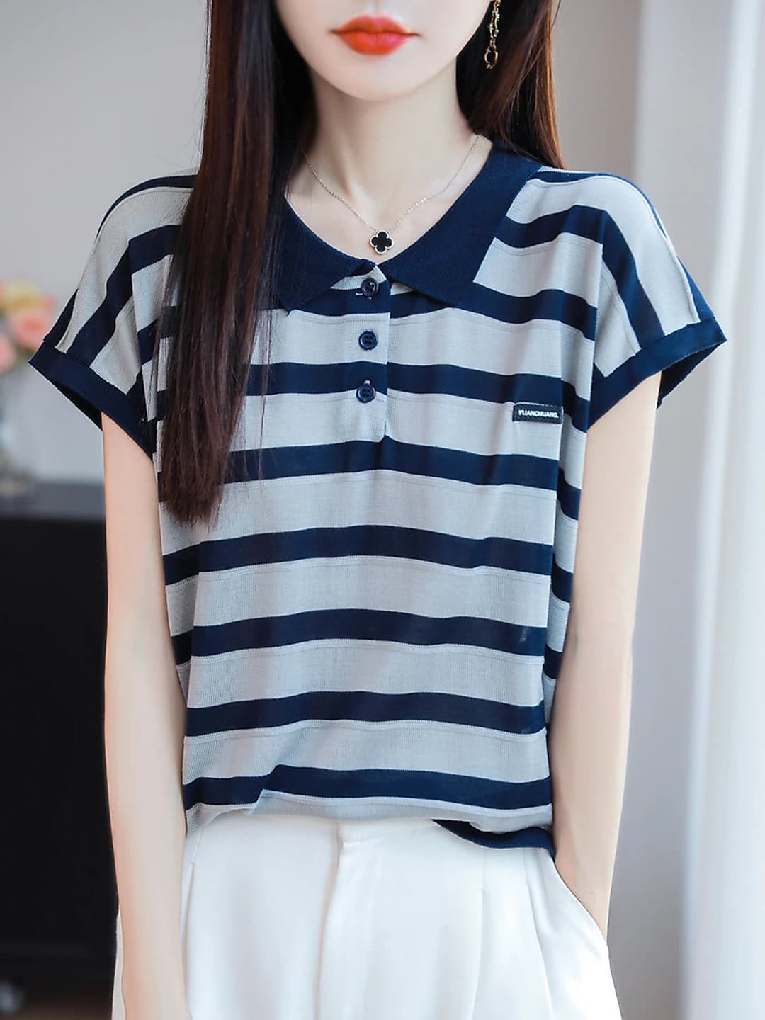 Ayollar uchun 2026-yil yozgi chiziqli polo yoqali trikotaj sviter, kalta yengli, bo'sh (oversize) kesim, Tencel mato