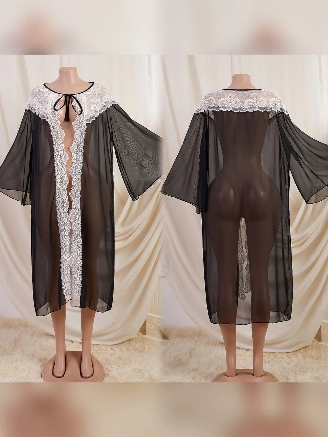 Women's sheer lace house robe, chiffon, long sleeve, crew neck, thin, solid colour, summer, spring, autumn