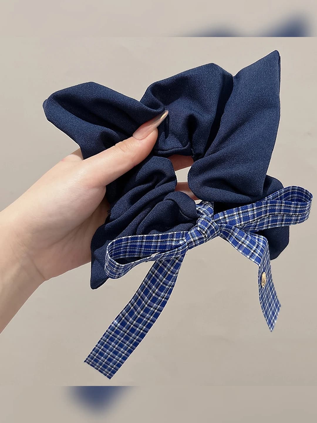 Denim hair tie - plaid ribbon 22cm
