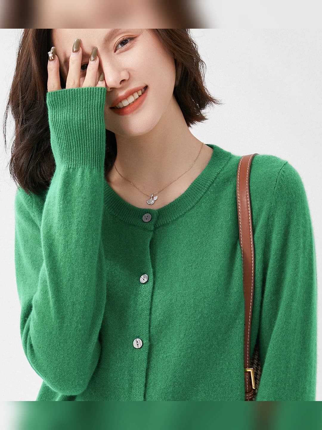 Women's 2026 spring Korean style crew neck long sleeve slim fit solid colour cardigan