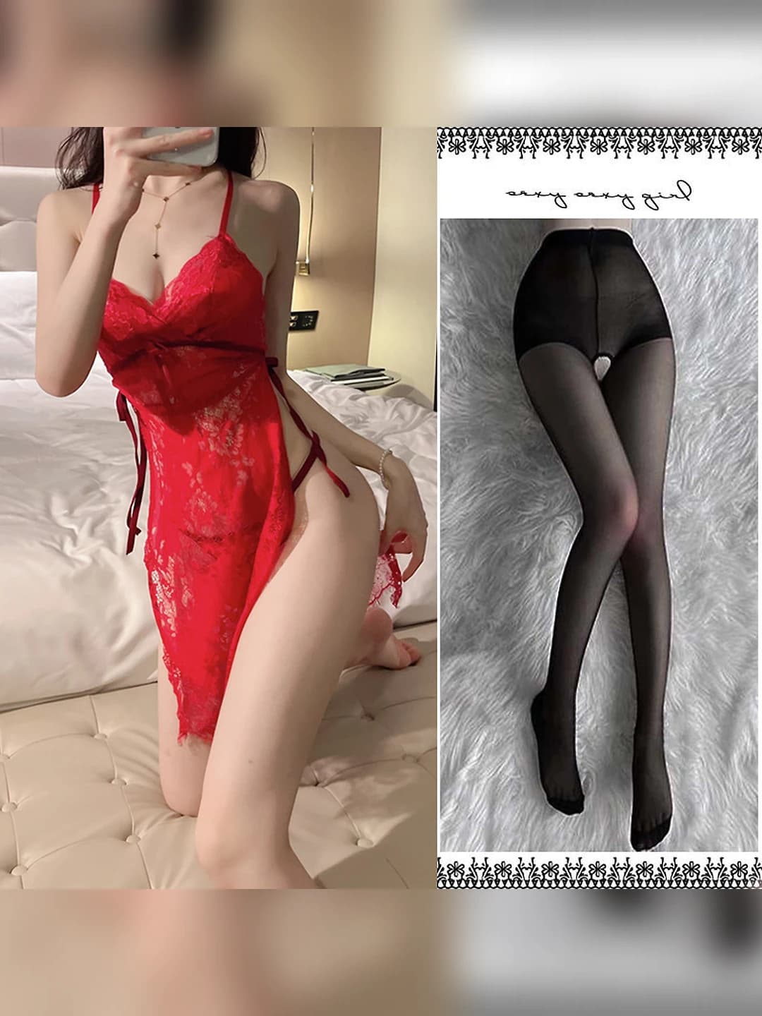Red nightgown + T-thong + Black open crotch tights