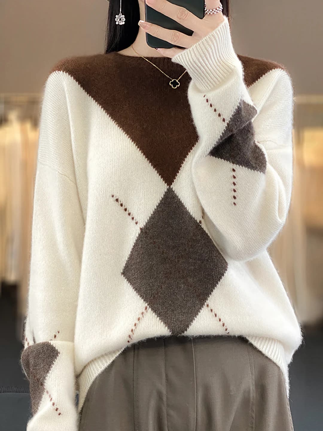 Women's 100% wool sweater, crew neck, loose fit, long sleeve, autumn-winter