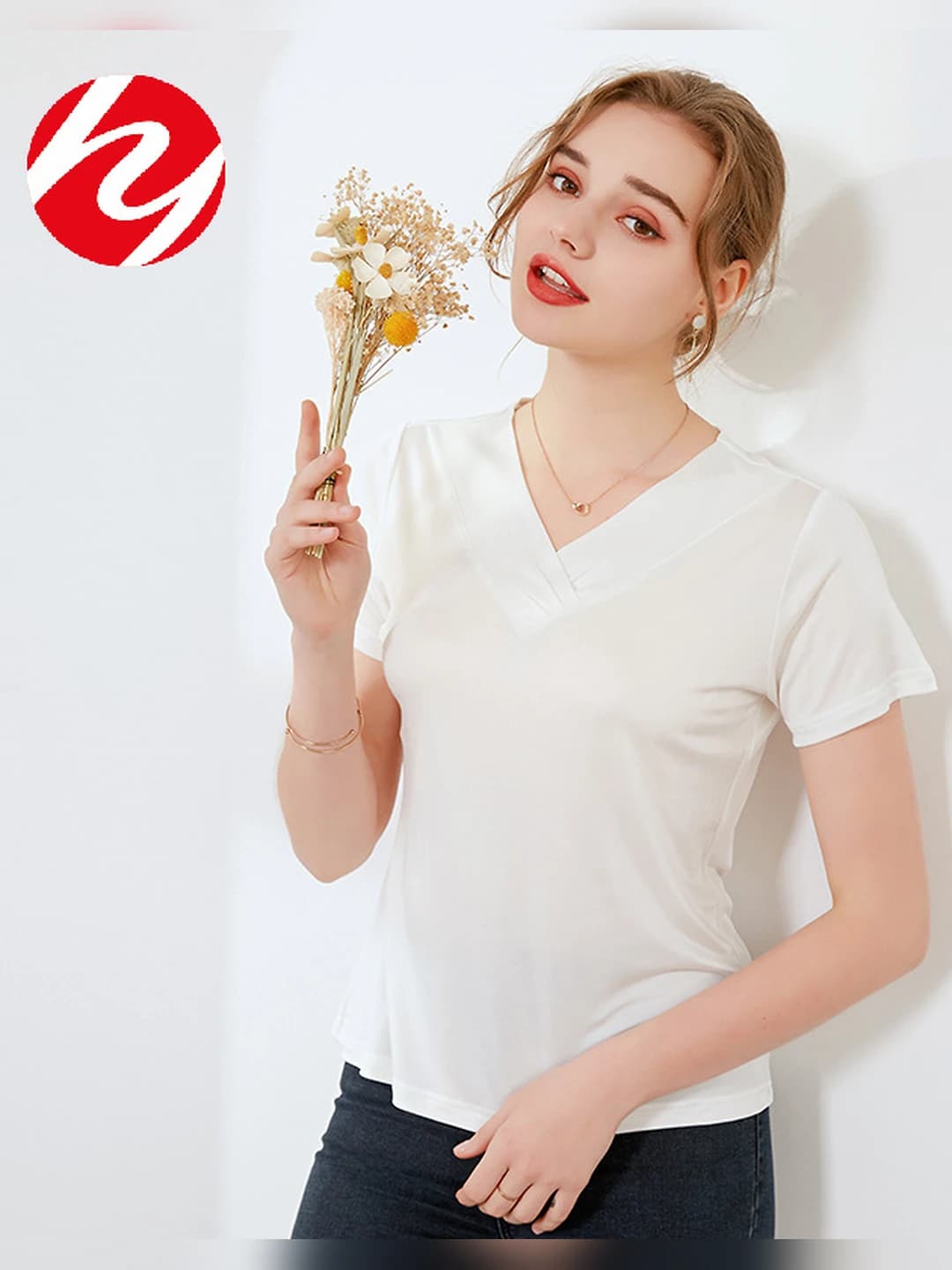 Women's spring-summer silk V-neck short sleeve solid colour loose fit t-shirt