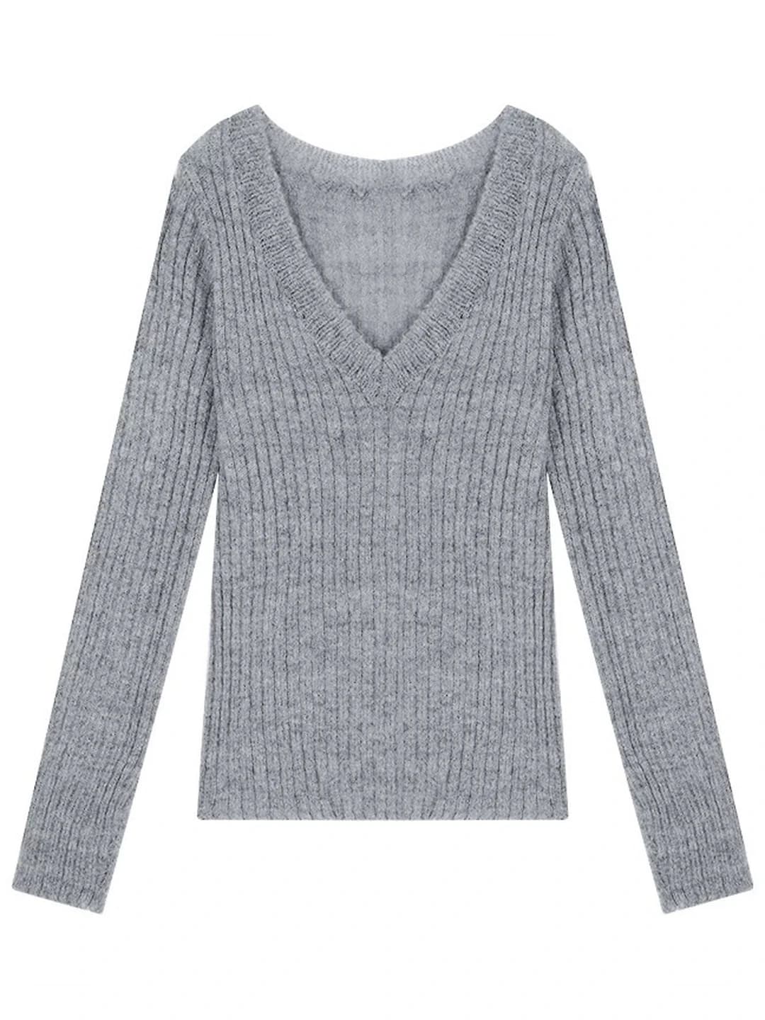 Women's autumn-winter V-neck ribbed knit pullover sweater, solid colour, long sleeve, cropped, slimming