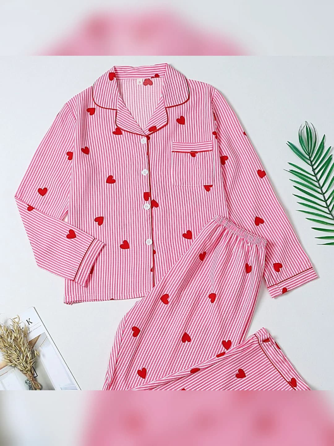 Women's printed pajama set: long sleeve cardigan and trousers, lapel collar, thin fabric, all-season