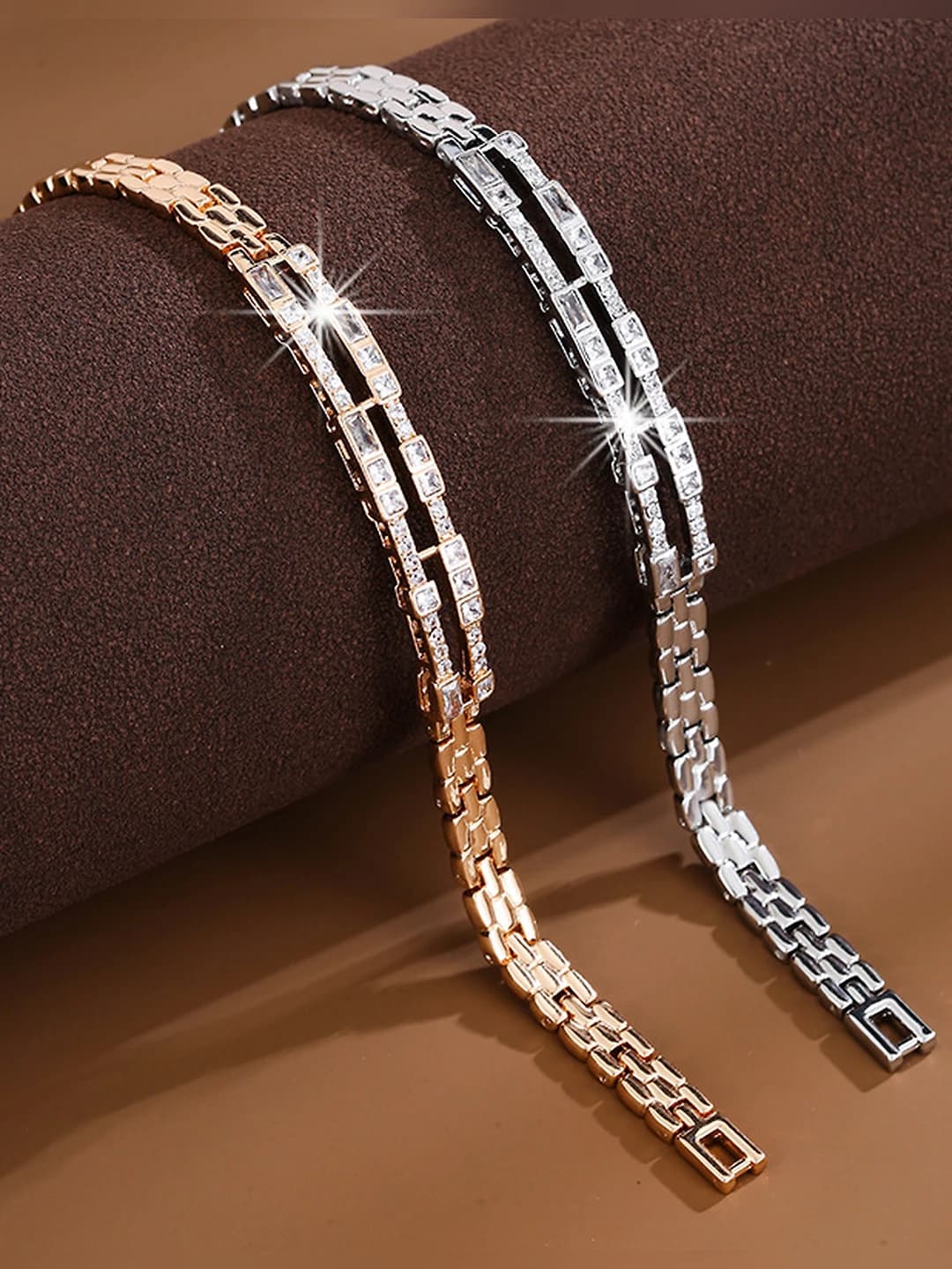 Women's retro style metal bracelet with zircon, cutout and geometric design
