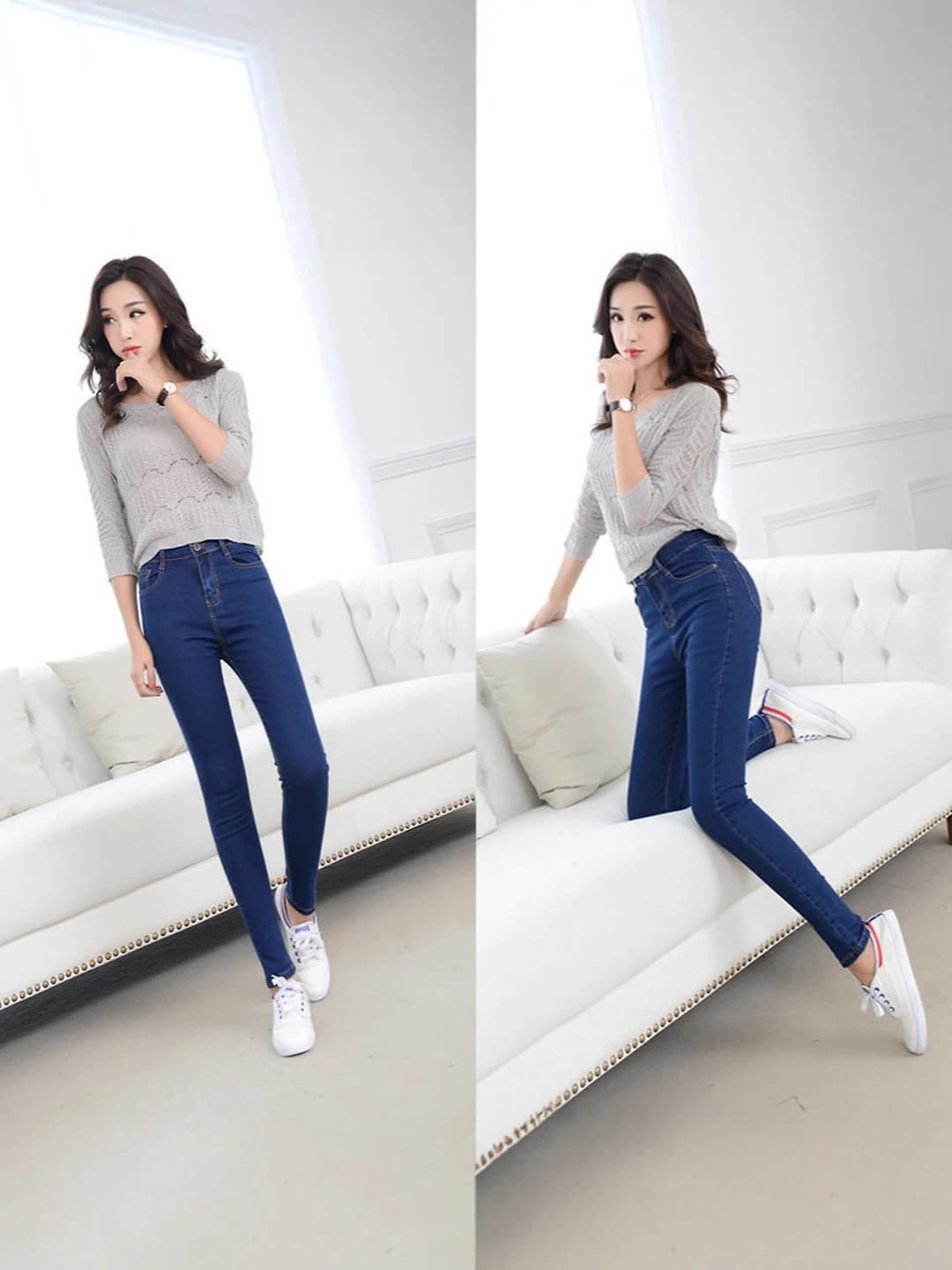 Women's slim-fit jeans, high waist, ankle-length trousers, stretch, slimming, Korean style, 2026 spring-autumn