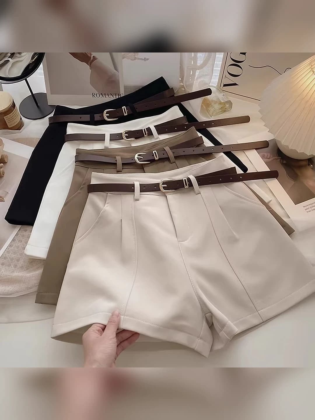 Women's casual shorts, spring 2026, Korean style, retro, solid colour, high waist, A-line, wide-leg trousers, thin