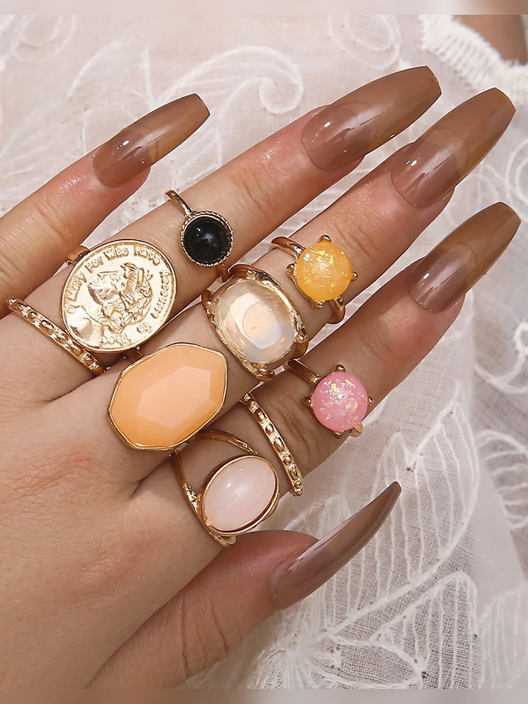 Zircon portrait coin ring, oval black stone, jelly color, 10-piece set