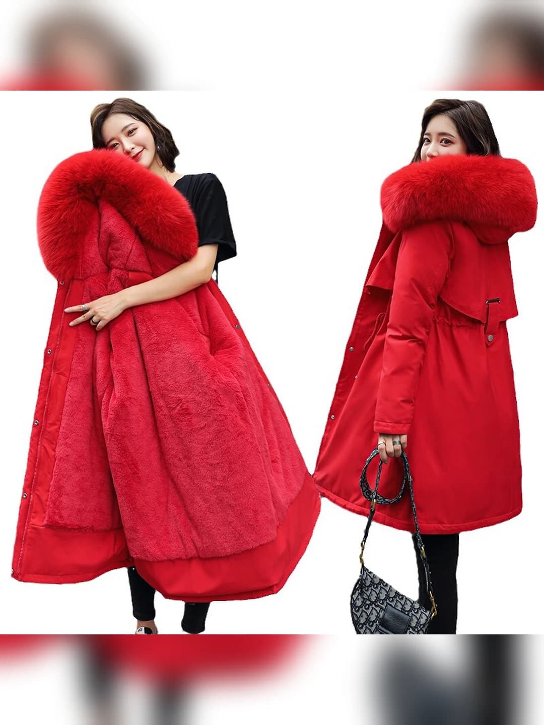 Women's 2026 winter padded coat, Korean style, mid-length, fleece-lined, zip closure, slim fit, solid colour, with large fur collar