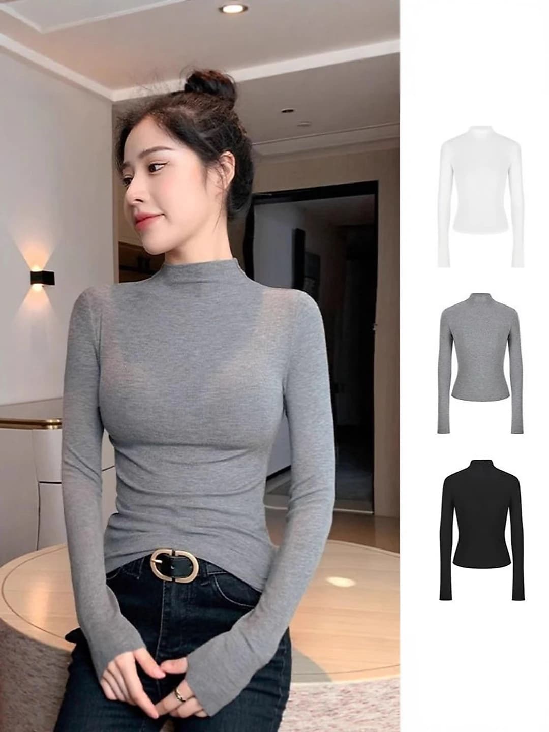 Women's long-sleeve mock-neck longsleeve, slim fit, 2026, spring-autumn, slimming, solid colour, grey