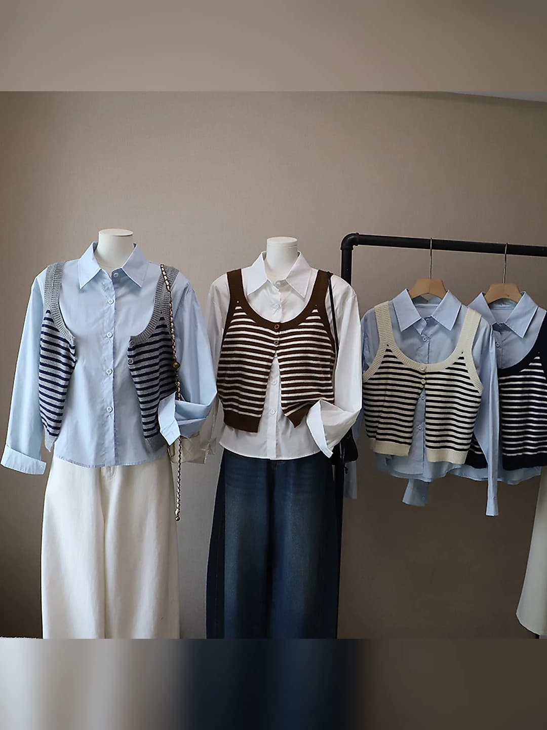 Women's 2026 autumn Korean style shirt and striped vest set, long sleeve, cotton and polyester