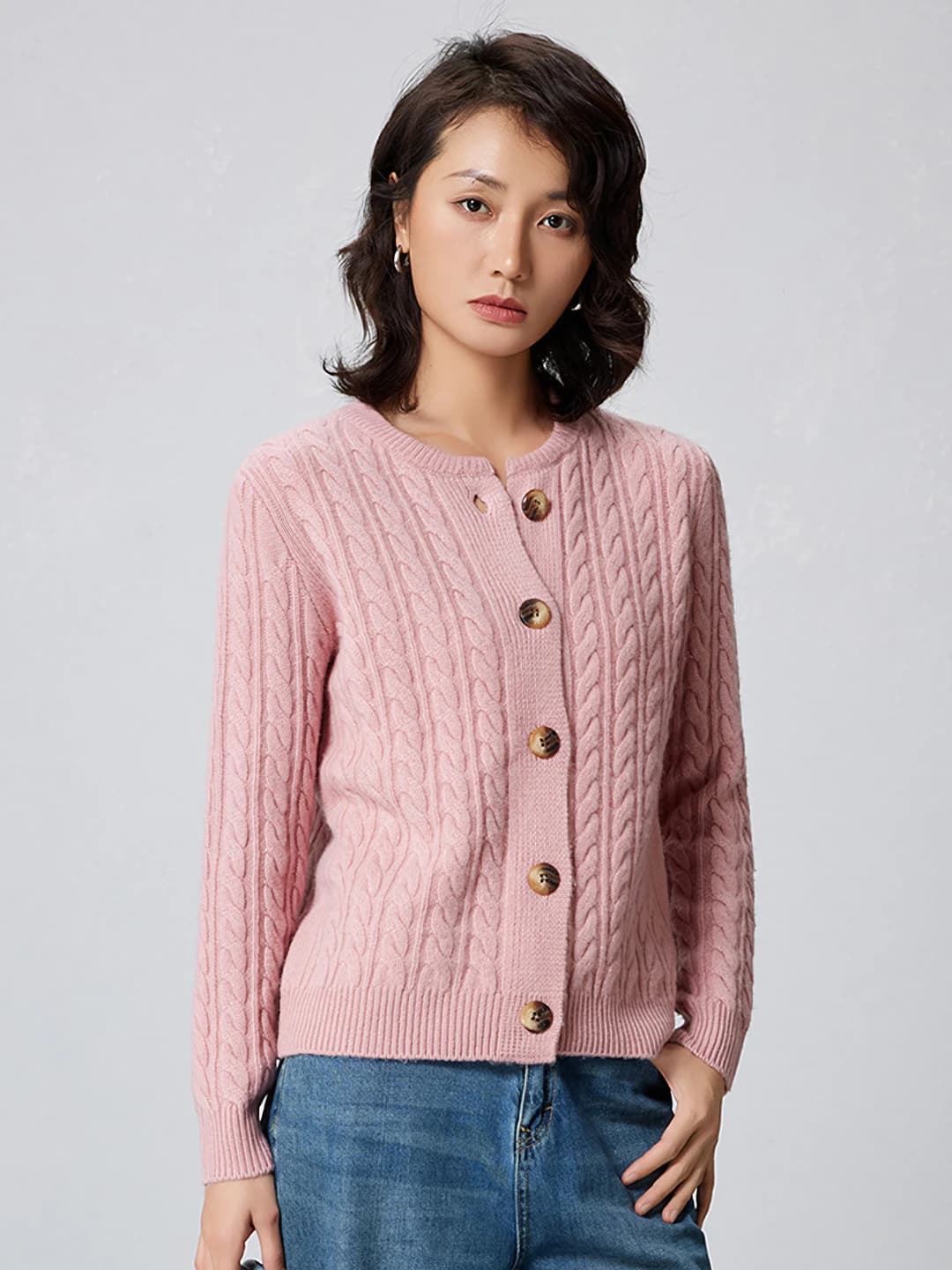 Women's thickened wool knit cardigan, crew neck, cable knit, loose fit, long sleeve, autumn-winter