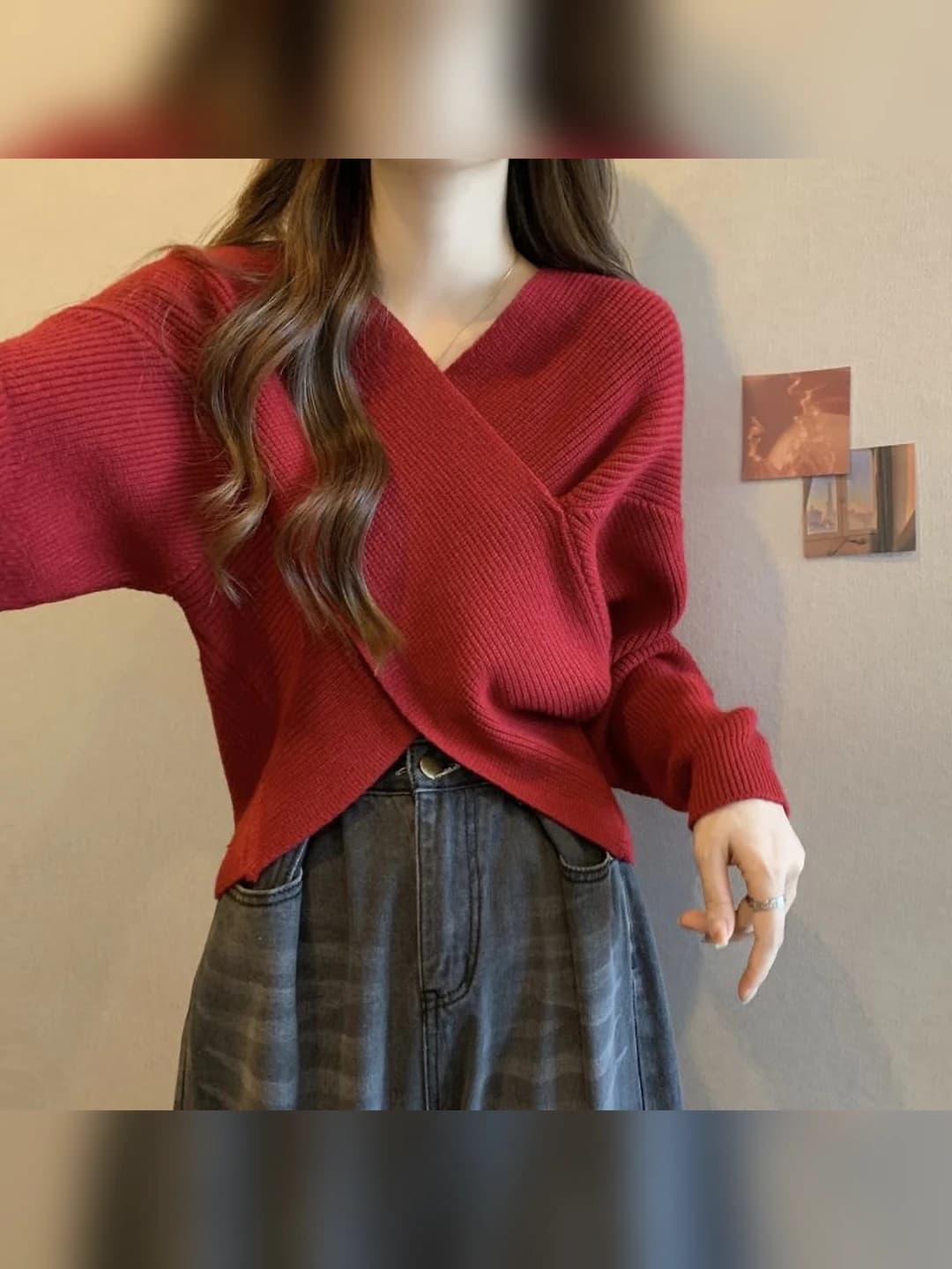 Women's knit top with V-neck, slim fit, solid colour, red, long sleeve, cropped, design element: crossed