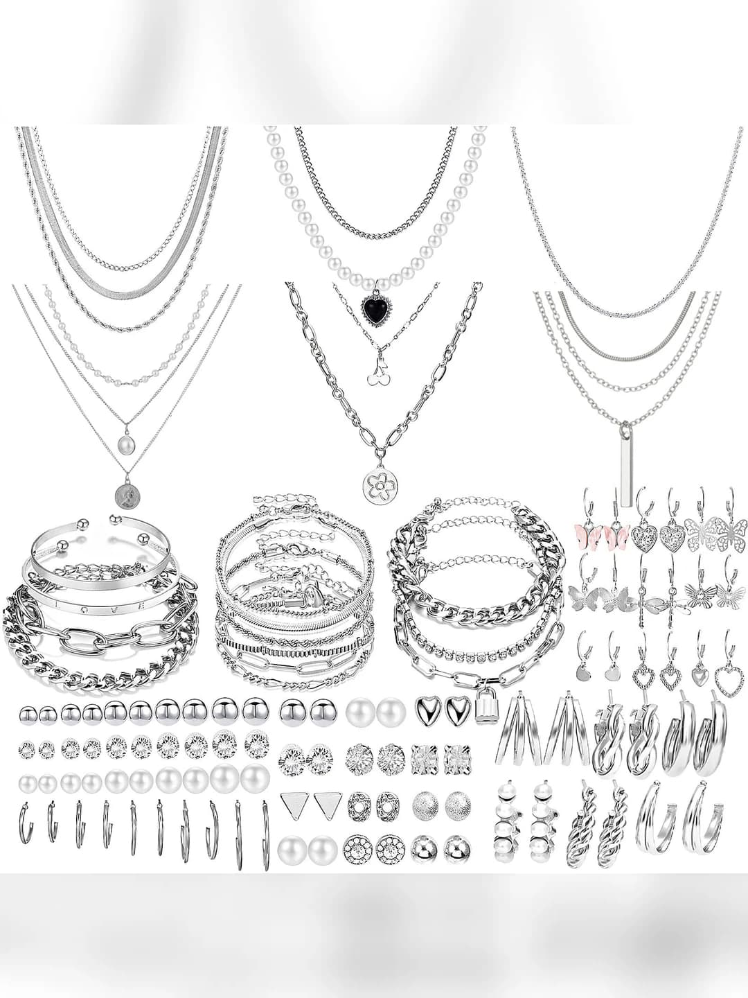 Women's punk style heart-shaped jewelry set: earrings, necklace, ring and bracelet