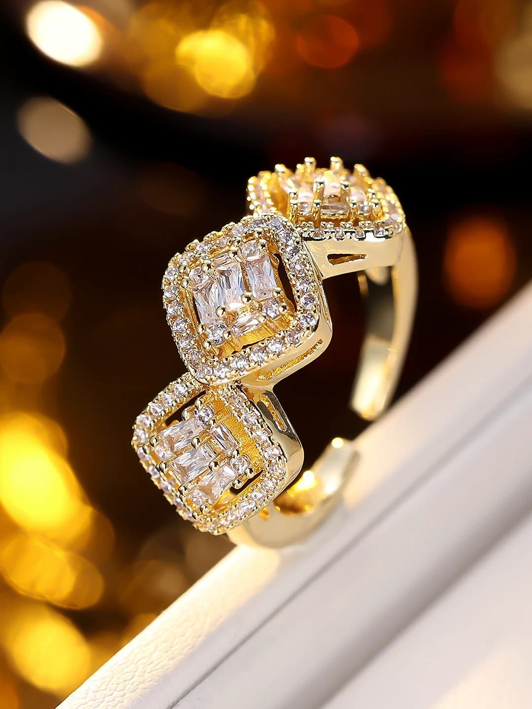Women's open ring with zircon, geometric design, gold plated, adjustable
