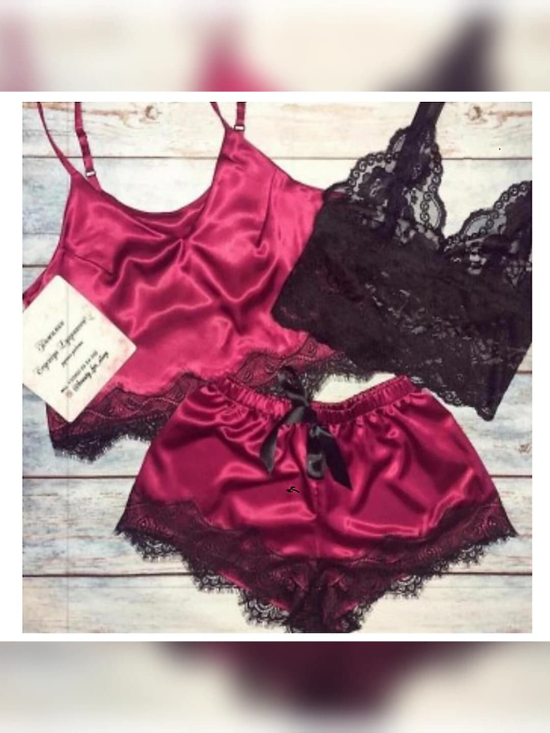Women's lingerie set (satin camisole, lace bra, satin shorts)