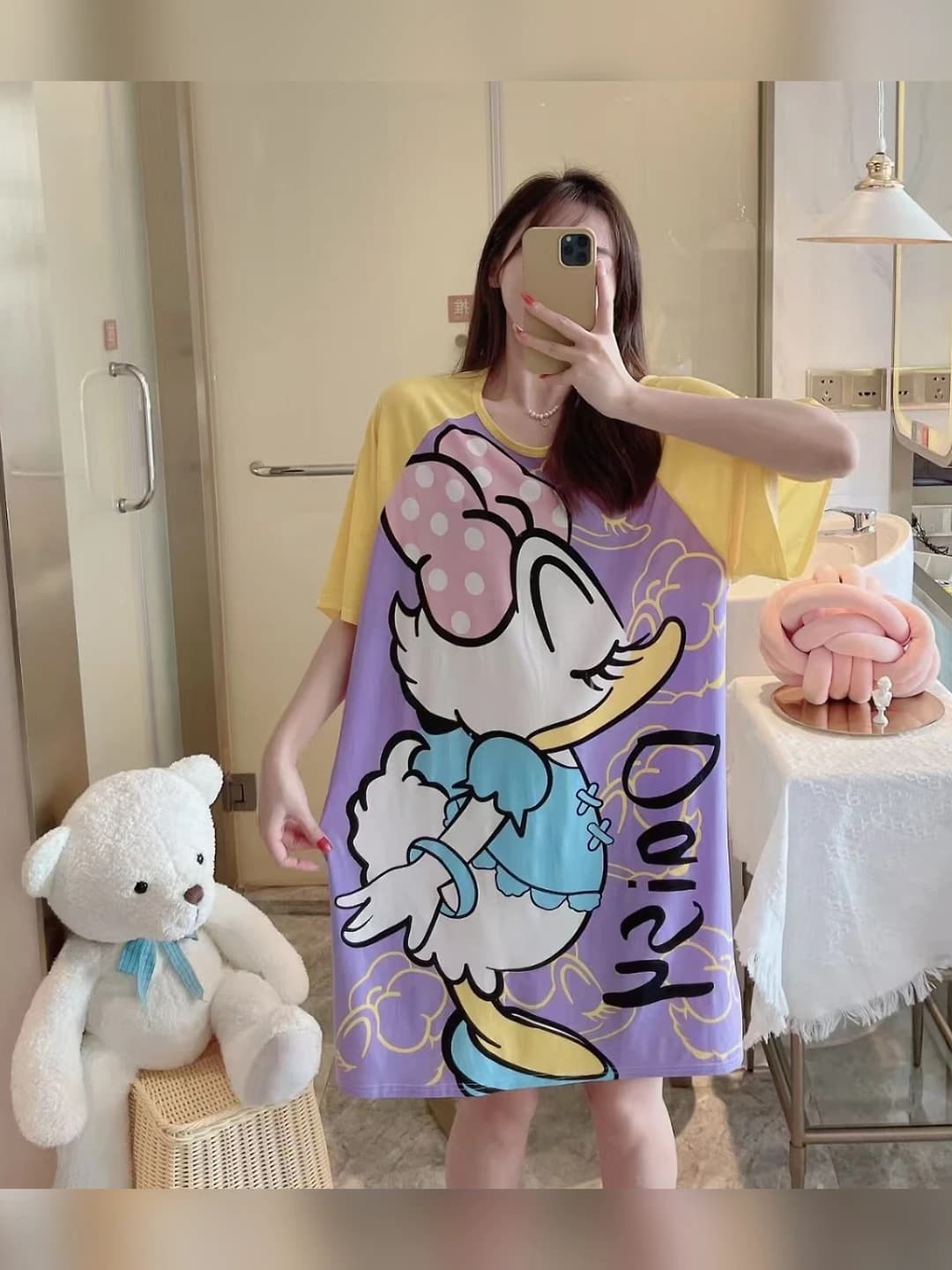 Ayollar uchun uy kiyimi: bo'sh (oversize) dumaloq yoqali, kalta yengli, bosma naqshli, havo o'tkazuvchan, katta o'lchamli, yoz, bahor va kuz uchun tungi ko'ylak