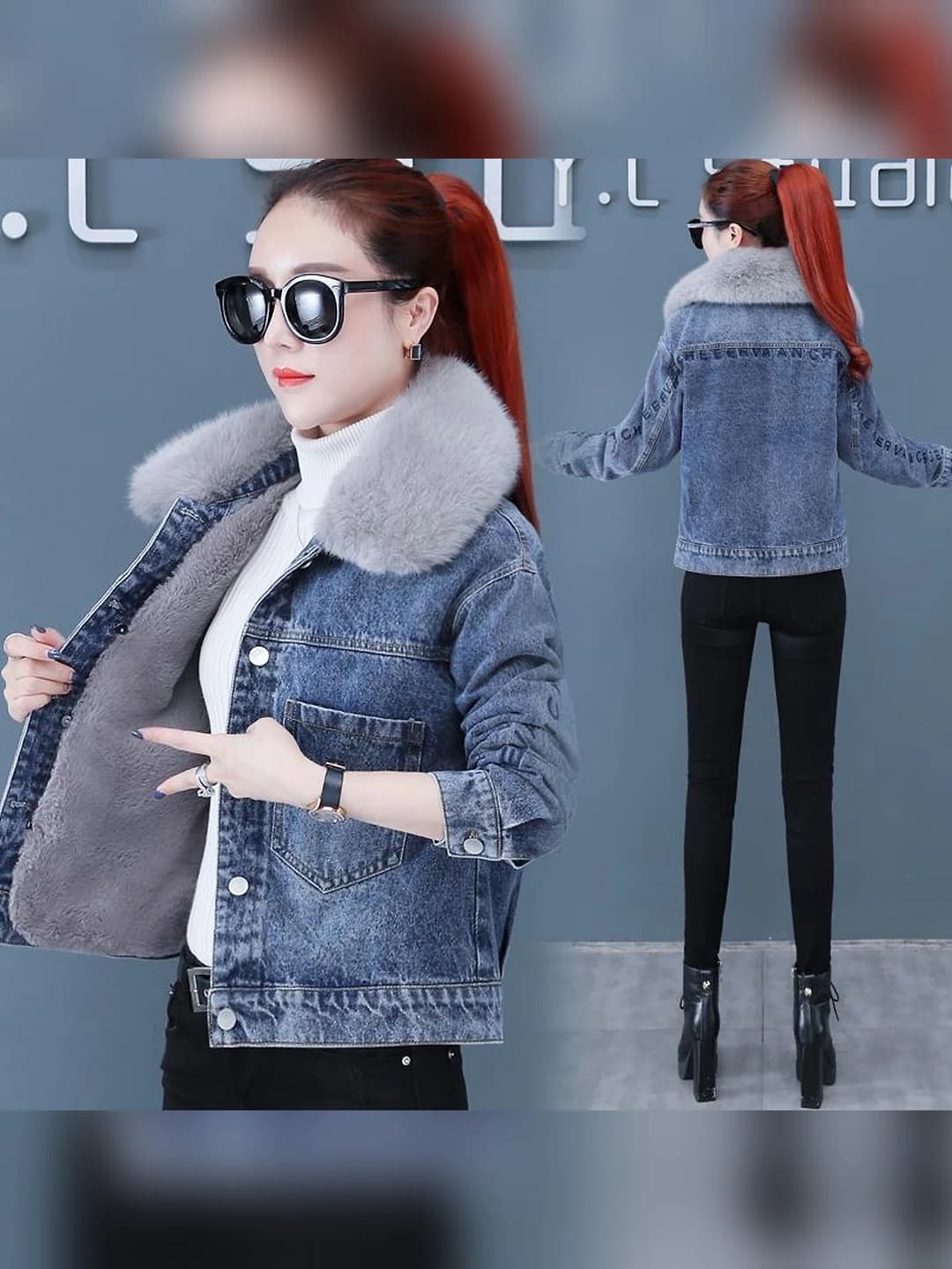 Women's fleece-lined denim jacket, thickened, long sleeve, POLO collar, embroidered, for petite, 2026