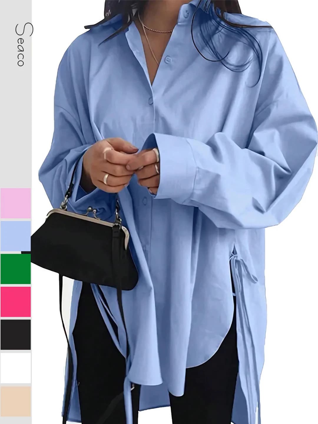 Women's early autumn loose fit shirt, short front long back, slimming, single row buttons, solid colour, long sleeve, mid-length, shirt collar