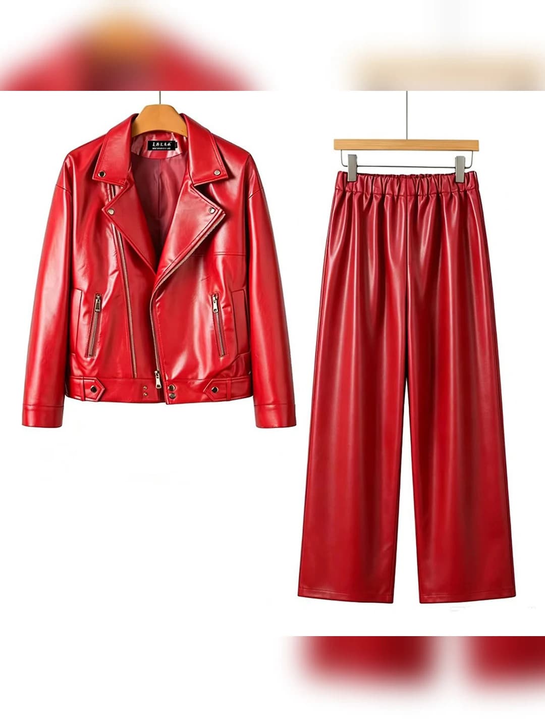 Women's 2026 PU leather jacket and trousers set, Korean style, casual, all-season, long sleeve, solid colour