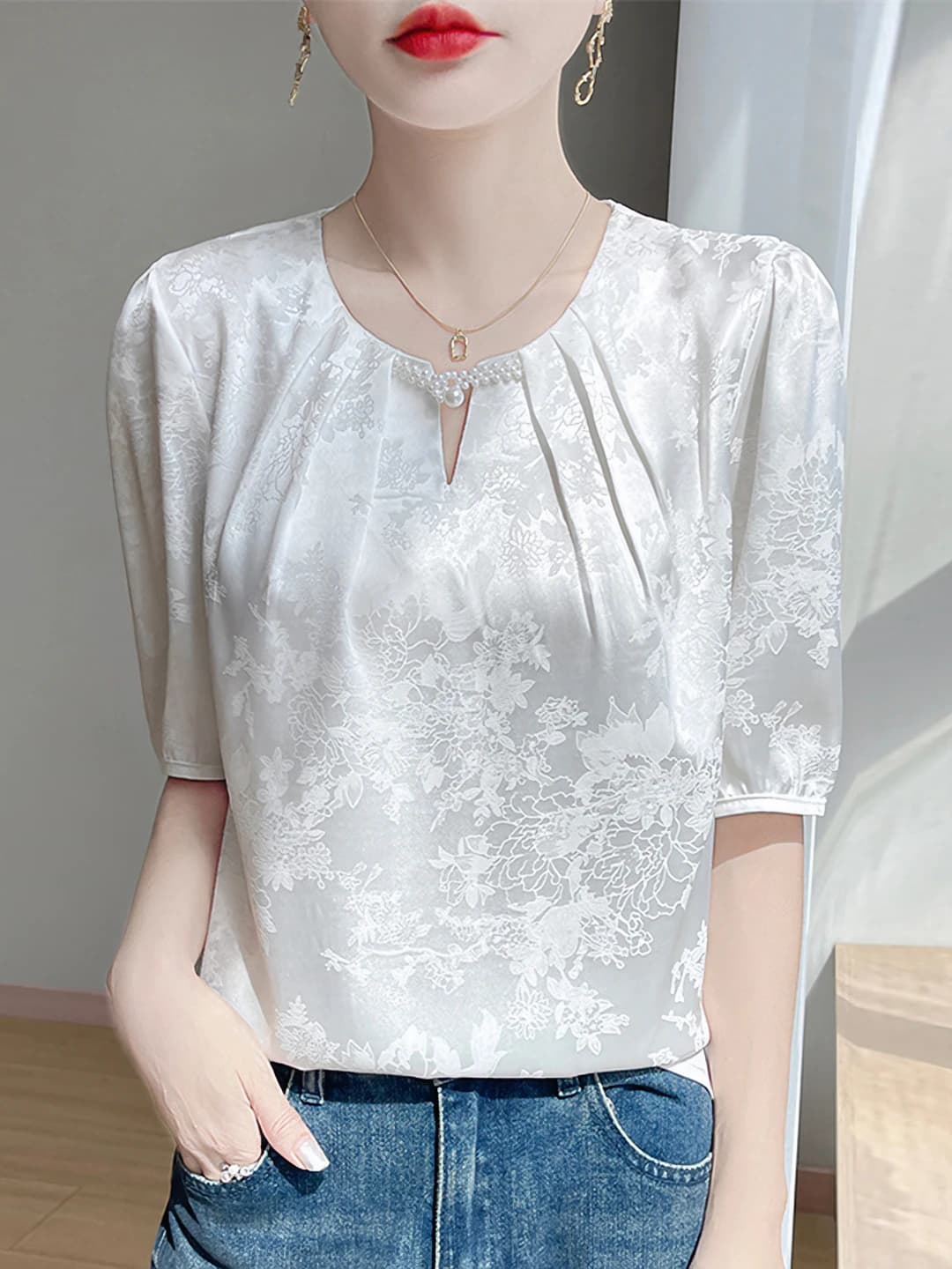Women's 2026 summer blouse, elbow-length sleeve, crew neck, floral pattern, satin fabric, jacquard craft, regular fit, office style