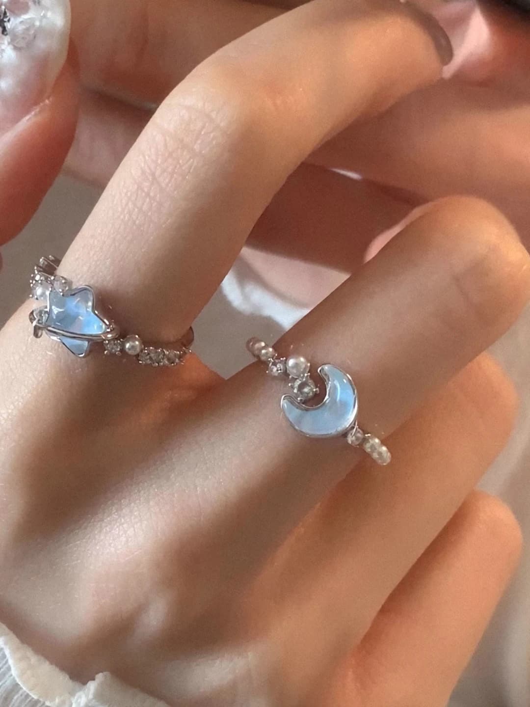 Women's ring, white moonlight and dreamy blue, geometric copper shape, micro-paved finish, adjustable index finger ring