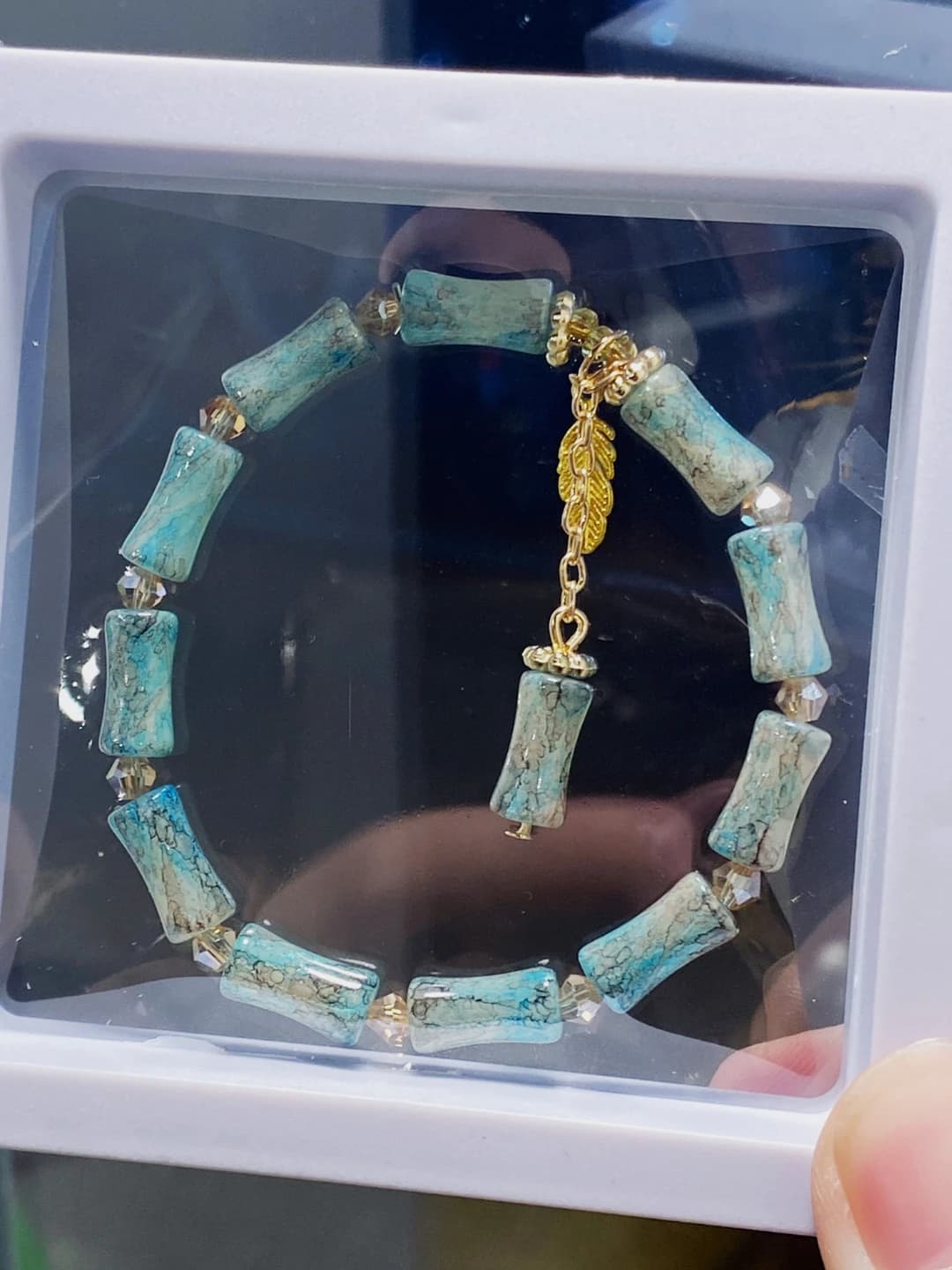 Teal bamboo leaf bracelet (box)