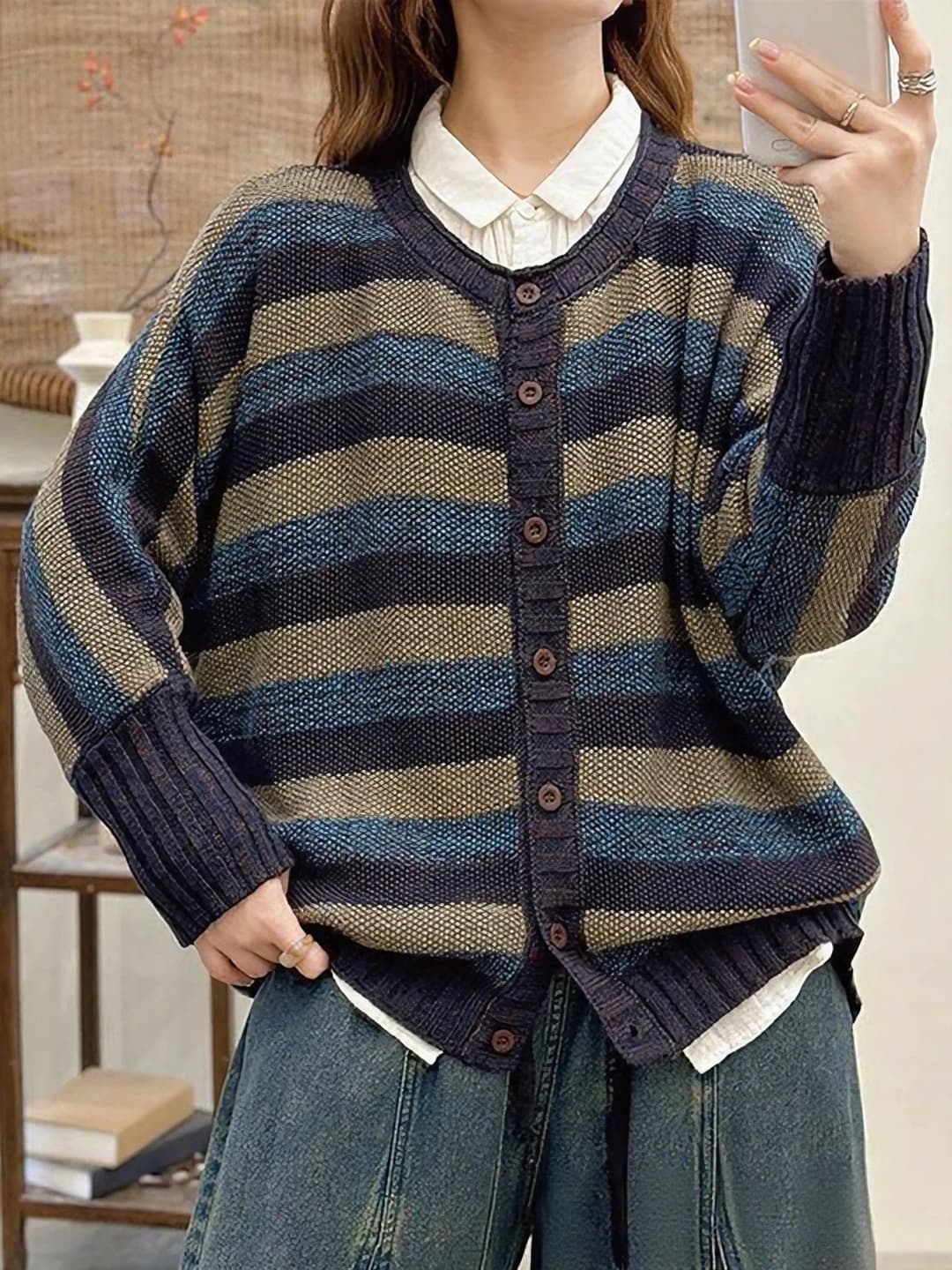 Women's knit cardigan, 2026 spring-autumn, crew neck, long sleeve, loose fit, thickened, cropped, striped, orange