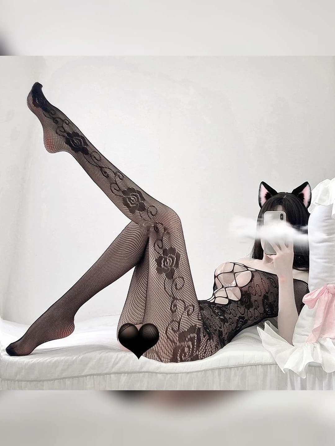 Women's sheer fishnet nylon tights, black, see-through, no-removal